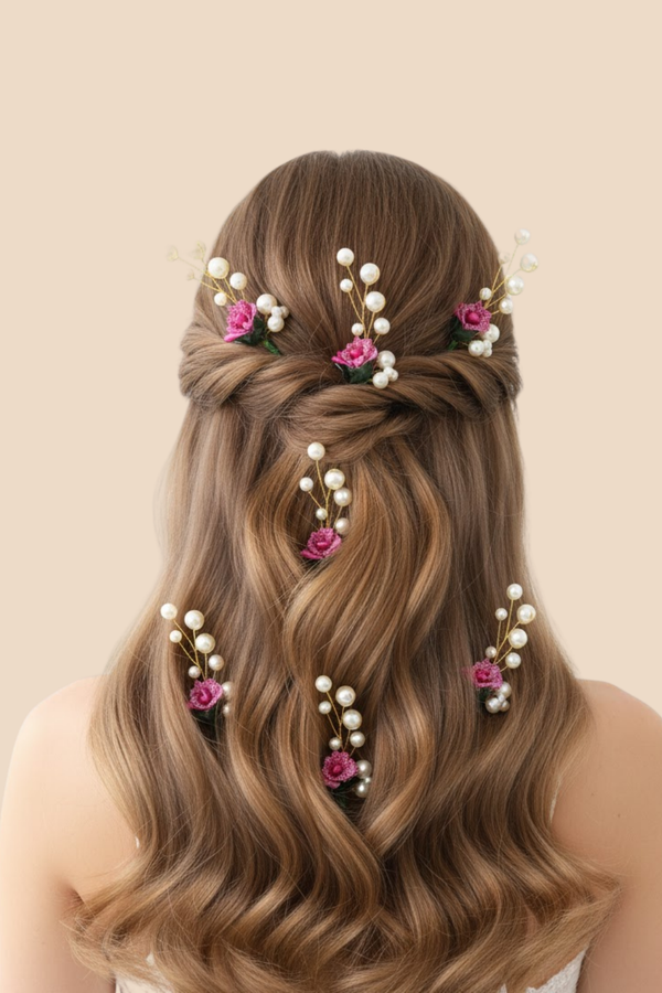 AccessoZone Dark Pink Pearl Floral Hair Pins – Pack of 8