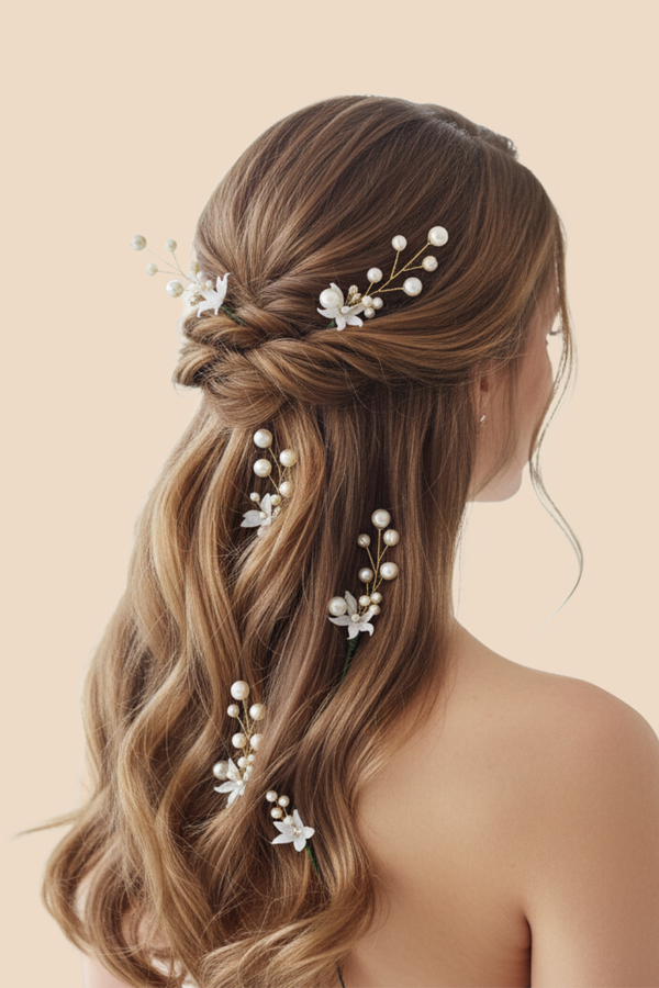 AccessoZone Golden Pearl Floral Hair Pins – Pack of 8