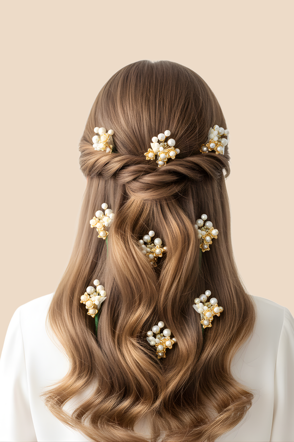 Golden Pearl Cluster Hair Pins – Pack of 10