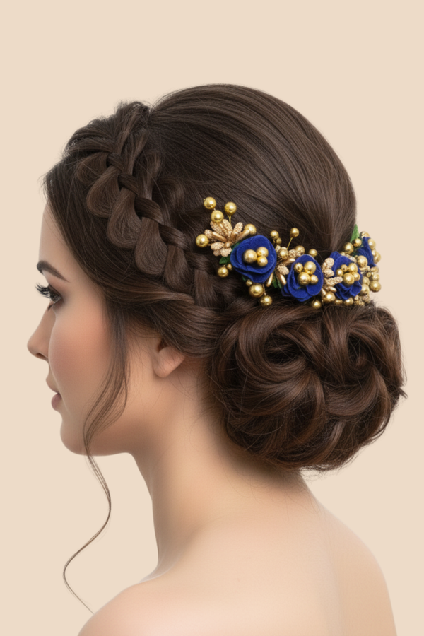 Blue Rose Golden Pearl Artificial Gajra