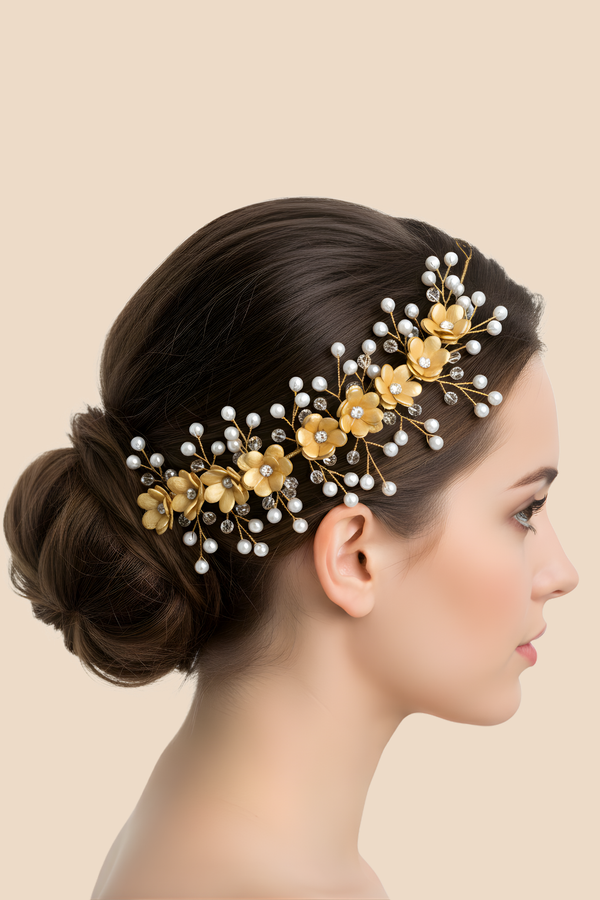 Golden Pearl Floral Bridal Hair Vine